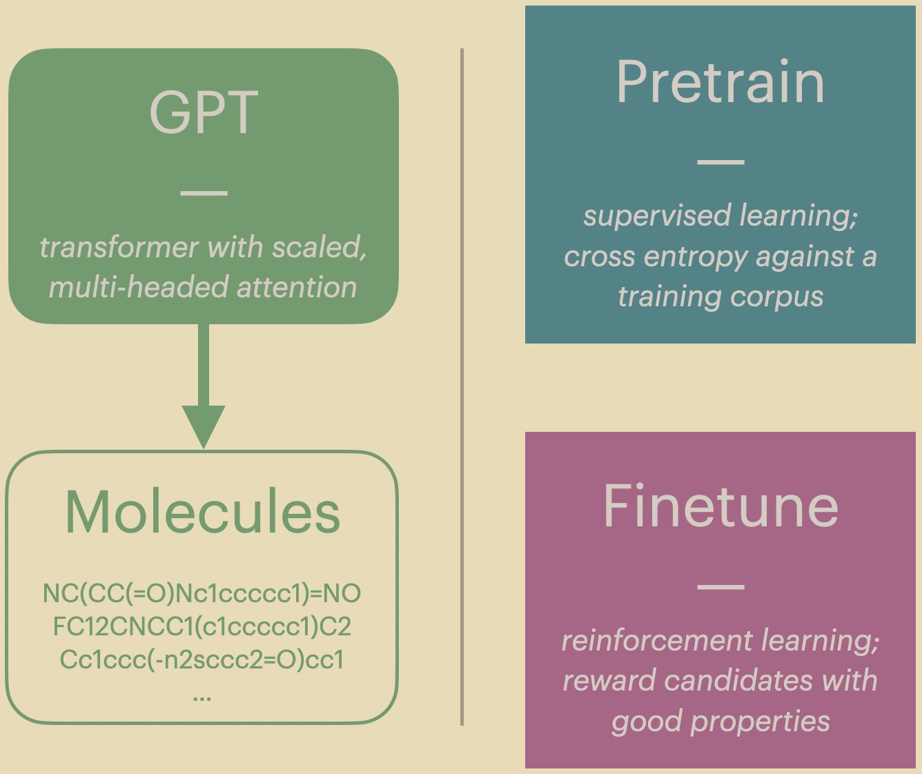 An overview graphic showing the pretraining and finetuning stages of ppo_mol.